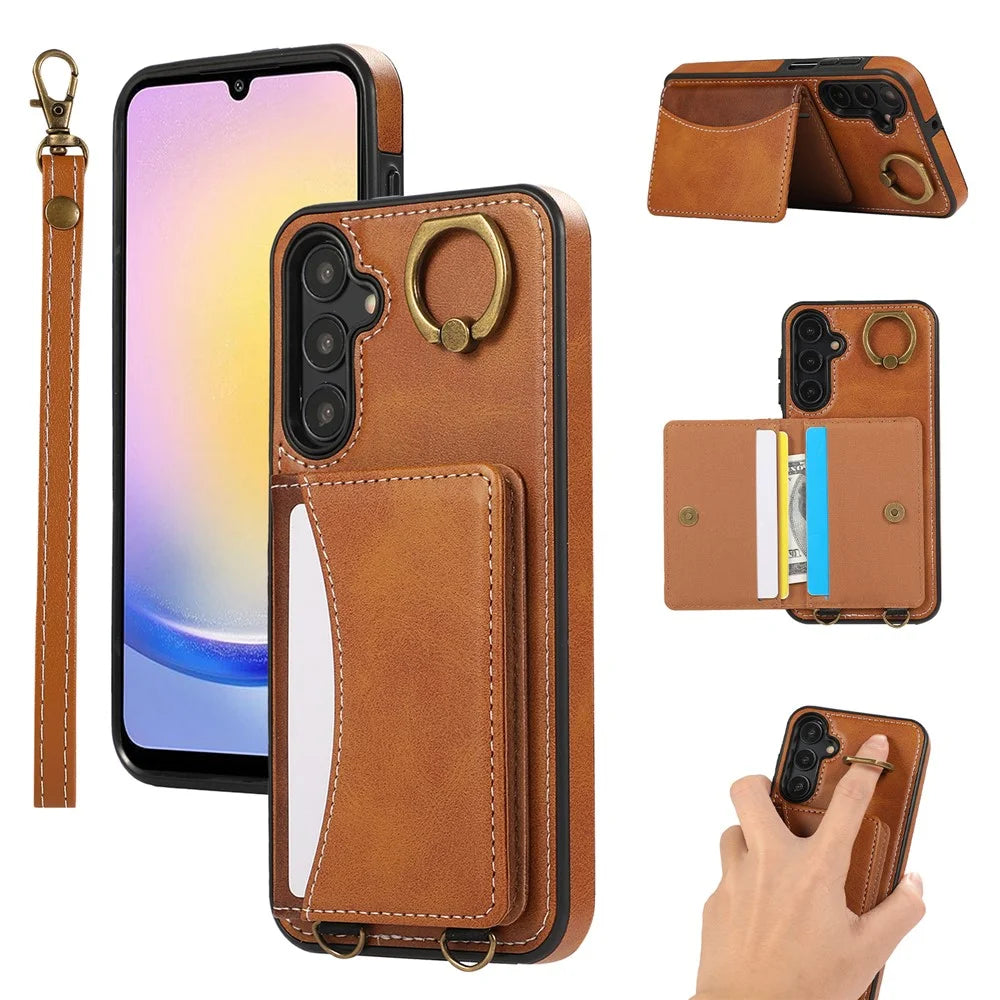 For Samsung Galaxy A15 4G  /  A15 5G PU Leather Back Case Card Holder Kickstand Phone Cover with Wrist Strap - Brown - 1