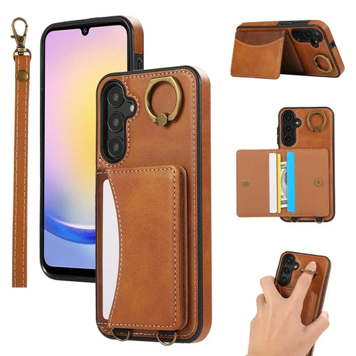 For Samsung Galaxy A15 4G  /  A15 5G PU Leather Back Case Card Holder Kickstand Phone Cover with Wrist Strap - Brown - 1