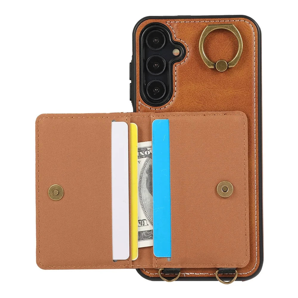 For Samsung Galaxy A15 4G  /  A15 5G PU Leather Back Case Card Holder Kickstand Phone Cover with Wrist Strap - Brown - 2