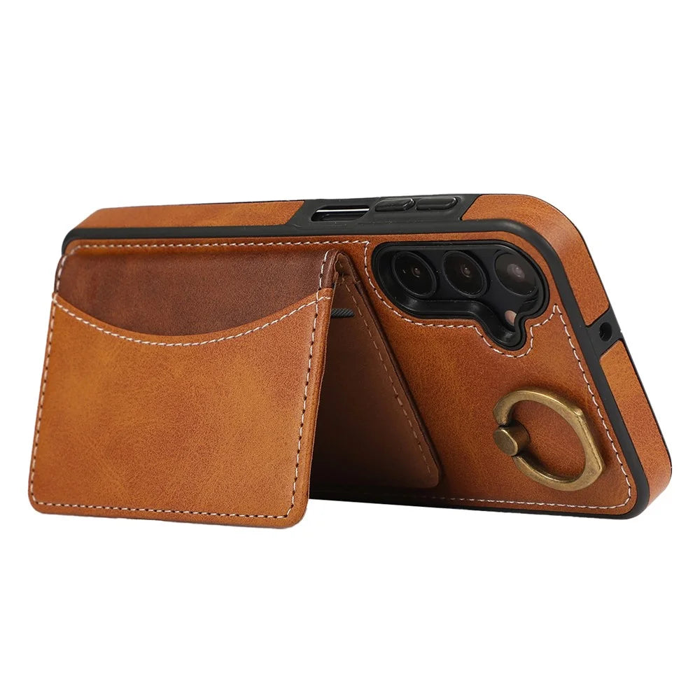 For Samsung Galaxy A15 4G  /  A15 5G PU Leather Back Case Card Holder Kickstand Phone Cover with Wrist Strap - Brown - 3