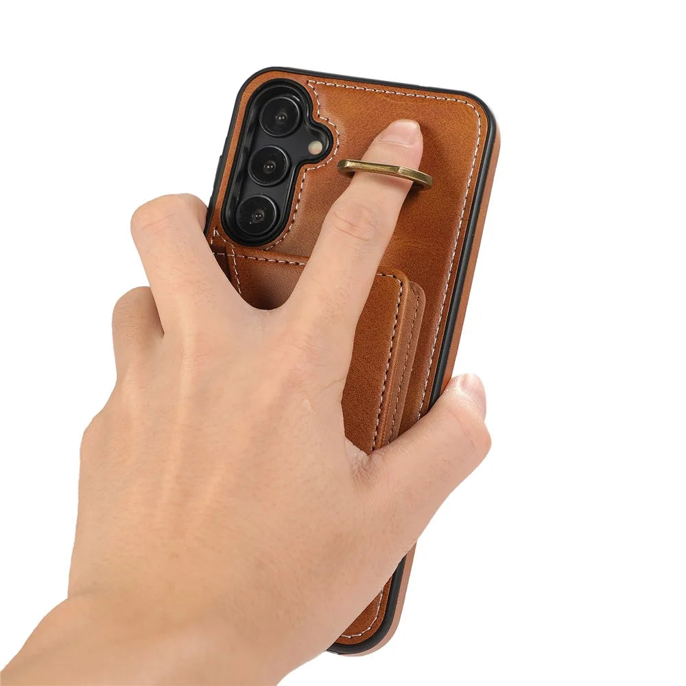 For Samsung Galaxy A15 4G  /  A15 5G PU Leather Back Case Card Holder Kickstand Phone Cover with Wrist Strap - Brown - 4