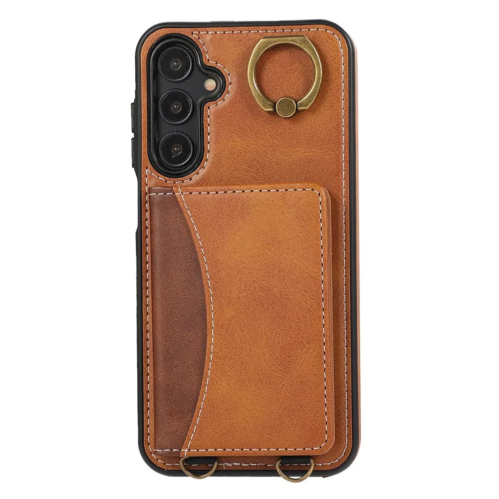 For Samsung Galaxy A15 4G  /  A15 5G PU Leather Back Case Card Holder Kickstand Phone Cover with Wrist Strap - Brown - 5