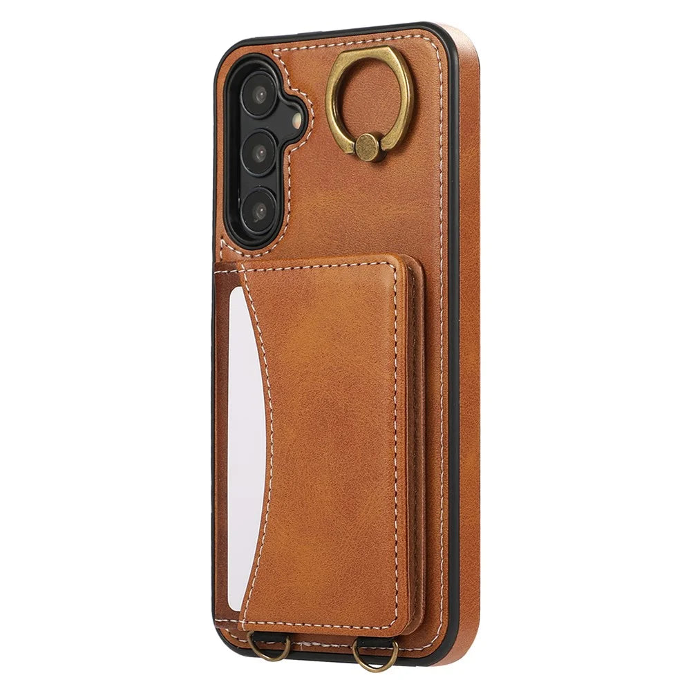 For Samsung Galaxy A15 4G  /  A15 5G PU Leather Back Case Card Holder Kickstand Phone Cover with Wrist Strap - Brown - 7