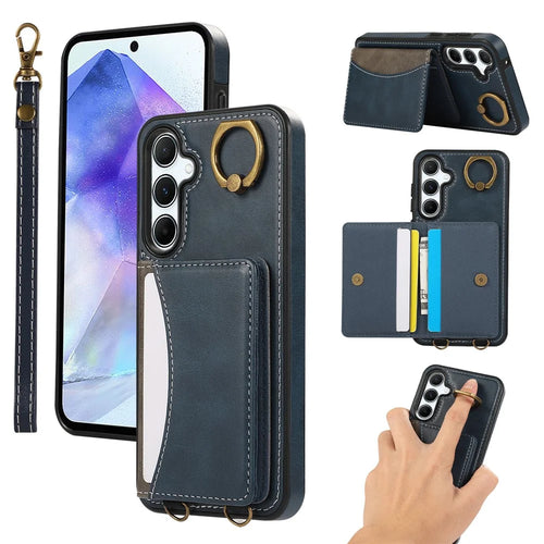 For Samsung Galaxy A35 5G PU Leather Back Case Card Holder Kickstand Phone Cover with Wrist Strap - Blue - 1
