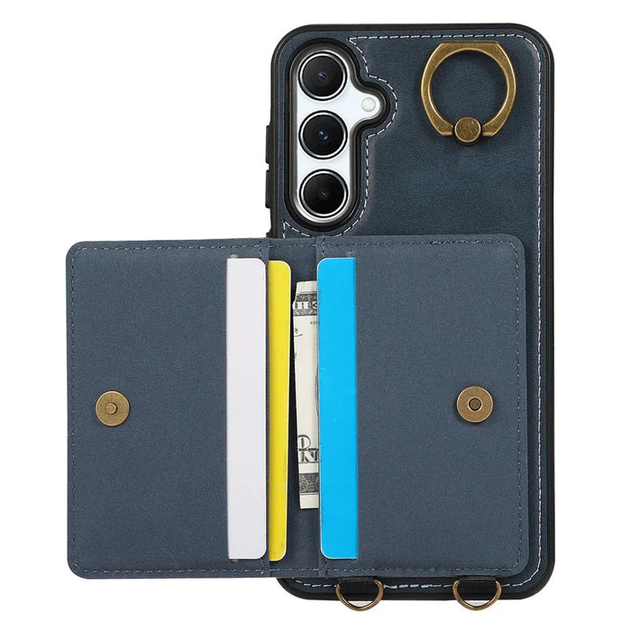 For Samsung Galaxy A35 5G PU Leather Back Case Card Holder Kickstand Phone Cover with Wrist Strap - Blue - 2