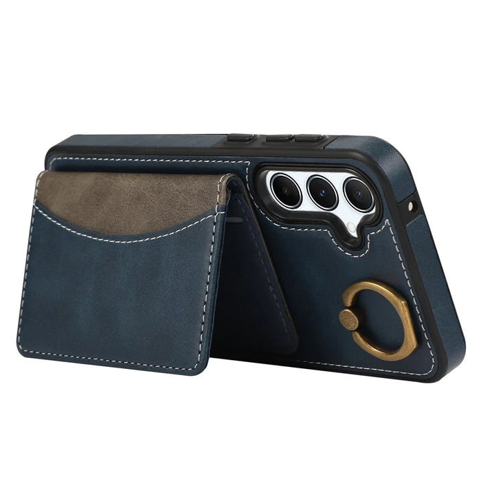 For Samsung Galaxy A35 5G PU Leather Back Case Card Holder Kickstand Phone Cover with Wrist Strap - Blue - 3
