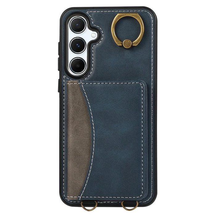 For Samsung Galaxy A35 5G PU Leather Back Case Card Holder Kickstand Phone Cover with Wrist Strap - Blue - 5