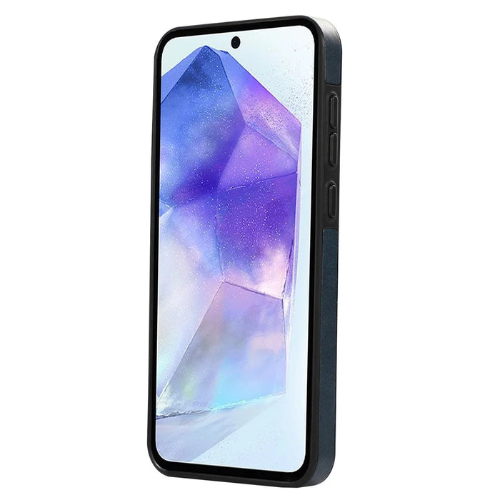 For Samsung Galaxy A35 5G PU Leather Back Case Card Holder Kickstand Phone Cover with Wrist Strap - Blue - 6