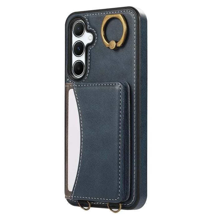For Samsung Galaxy A35 5G PU Leather Back Case Card Holder Kickstand Phone Cover with Wrist Strap - Blue - 7