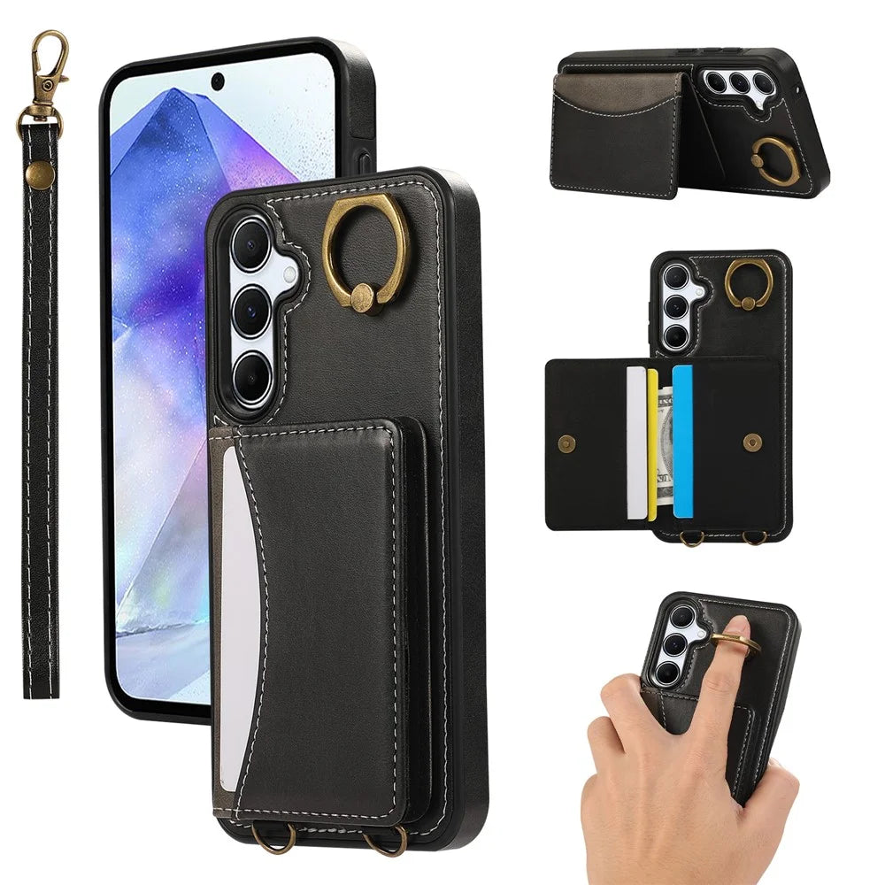 For Samsung Galaxy A55 5G PU Leather Back Case Card Holder Kickstand Phone Cover with Wrist Strap - Black - 1
