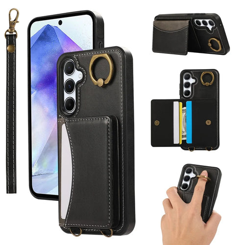 For Samsung Galaxy A55 5G PU Leather Back Case Card Holder Kickstand Phone Cover with Wrist Strap - Black - 1