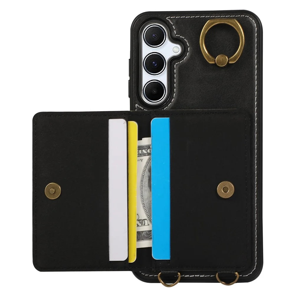For Samsung Galaxy A55 5G PU Leather Back Case Card Holder Kickstand Phone Cover with Wrist Strap - Black - 2