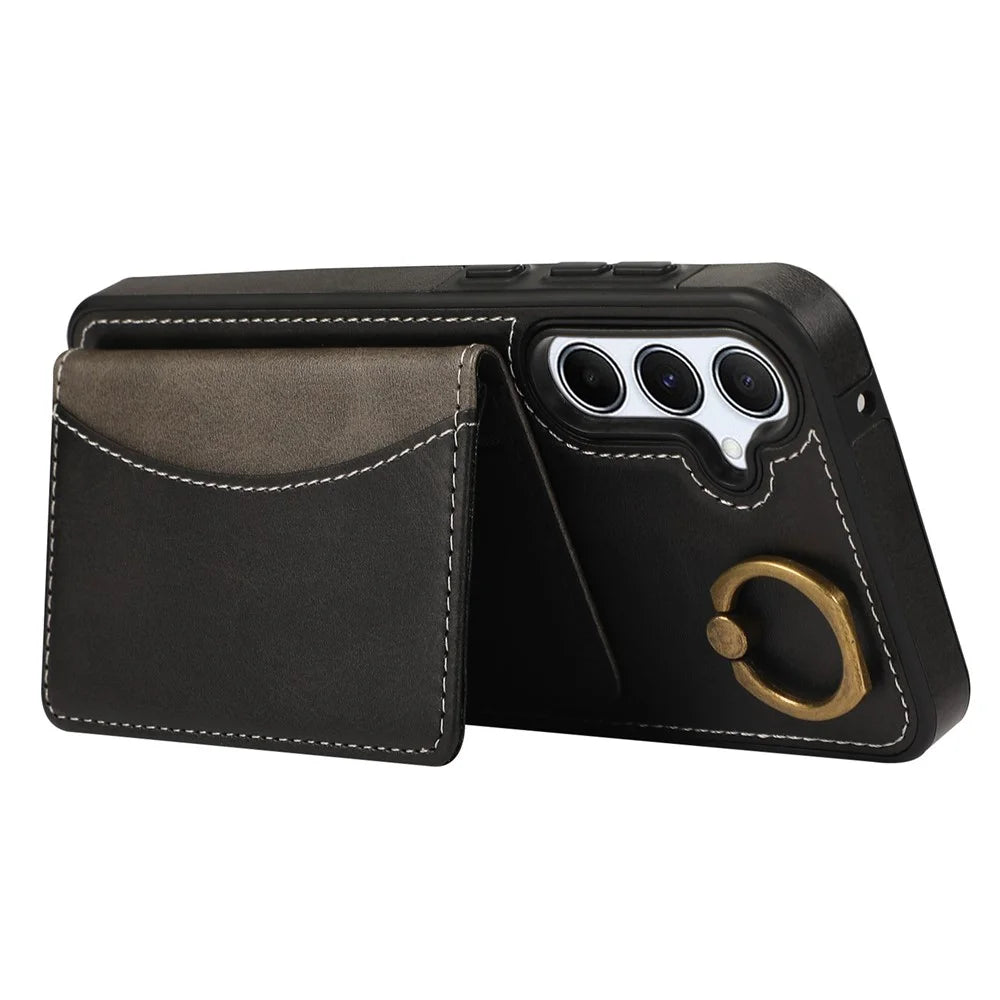 For Samsung Galaxy A55 5G PU Leather Back Case Card Holder Kickstand Phone Cover with Wrist Strap - Black - 3