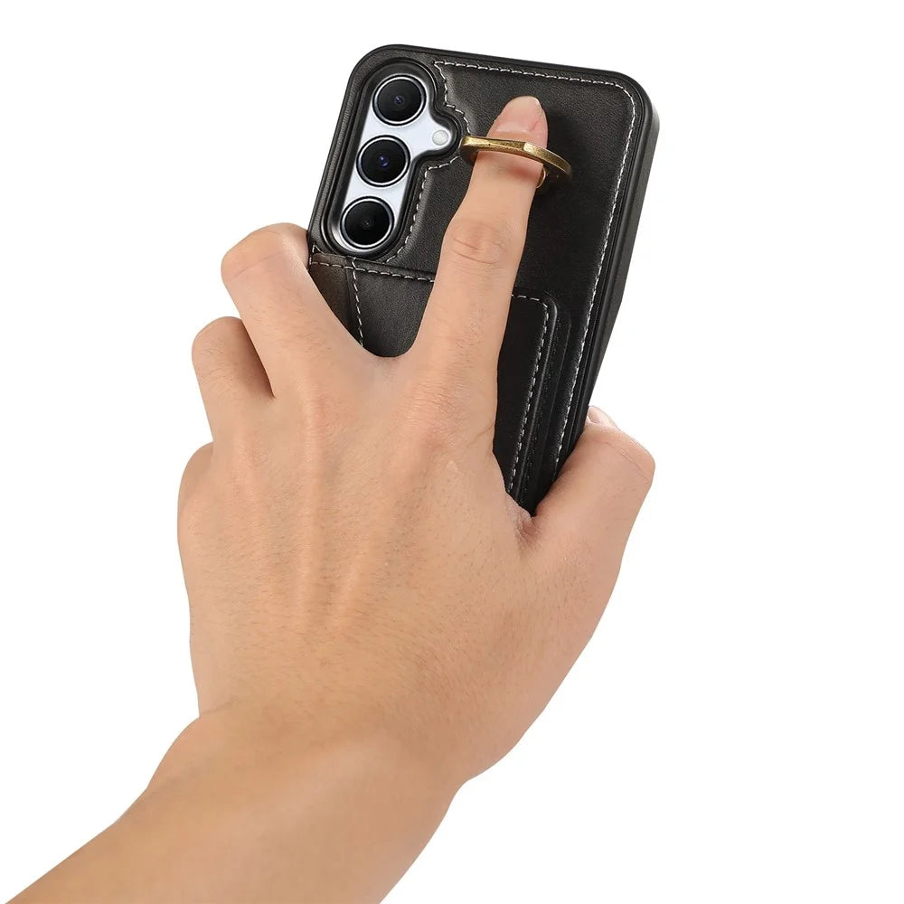 For Samsung Galaxy A55 5G PU Leather Back Case Card Holder Kickstand Phone Cover with Wrist Strap - Black - 4
