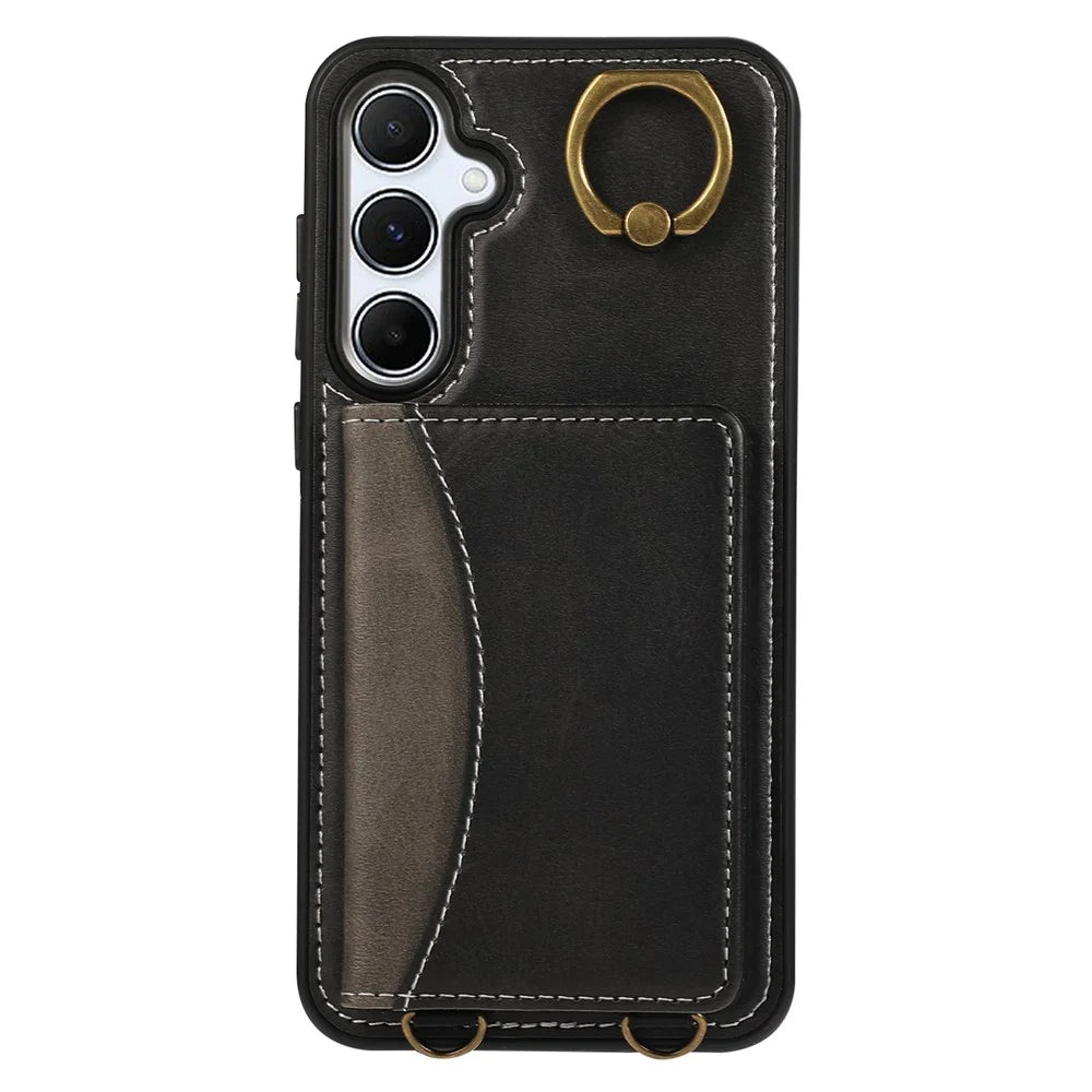 For Samsung Galaxy A55 5G PU Leather Back Case Card Holder Kickstand Phone Cover with Wrist Strap - Black - 5