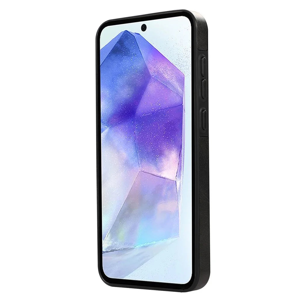 For Samsung Galaxy A55 5G PU Leather Back Case Card Holder Kickstand Phone Cover with Wrist Strap - Black - 6