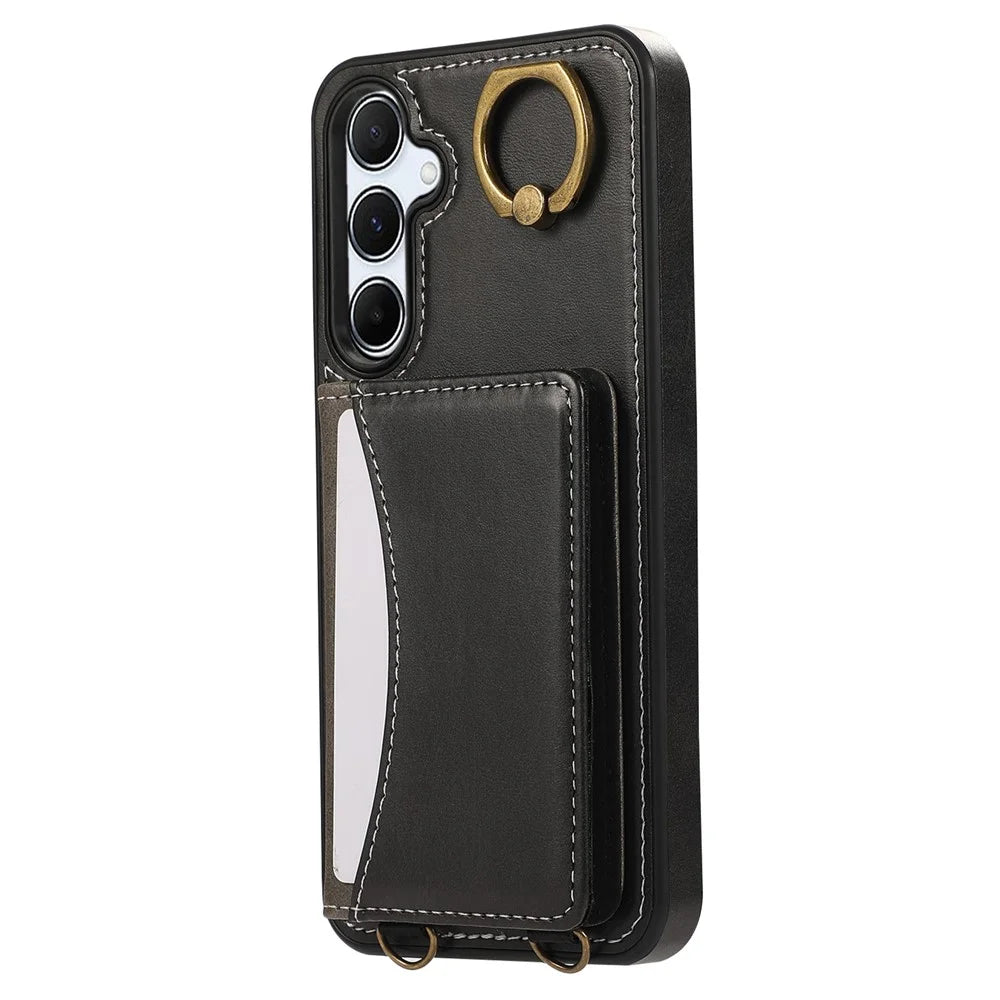 For Samsung Galaxy A55 5G PU Leather Back Case Card Holder Kickstand Phone Cover with Wrist Strap - Black - 7