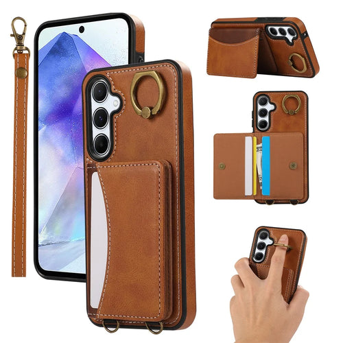 For Samsung Galaxy A54 5G PU Leather Back Case Card Holder Kickstand Phone Cover with Wrist Strap - Brown - 1