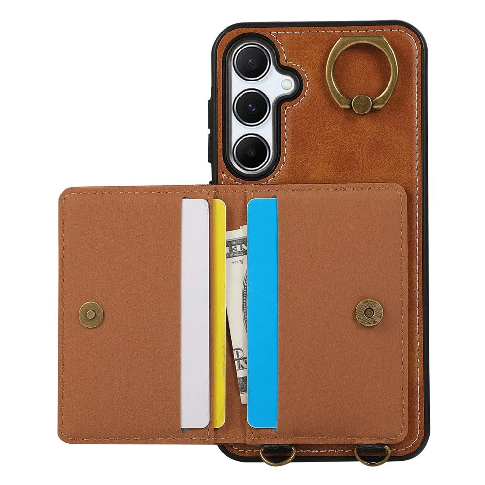 For Samsung Galaxy A54 5G PU Leather Back Case Card Holder Kickstand Phone Cover with Wrist Strap - Brown - 2