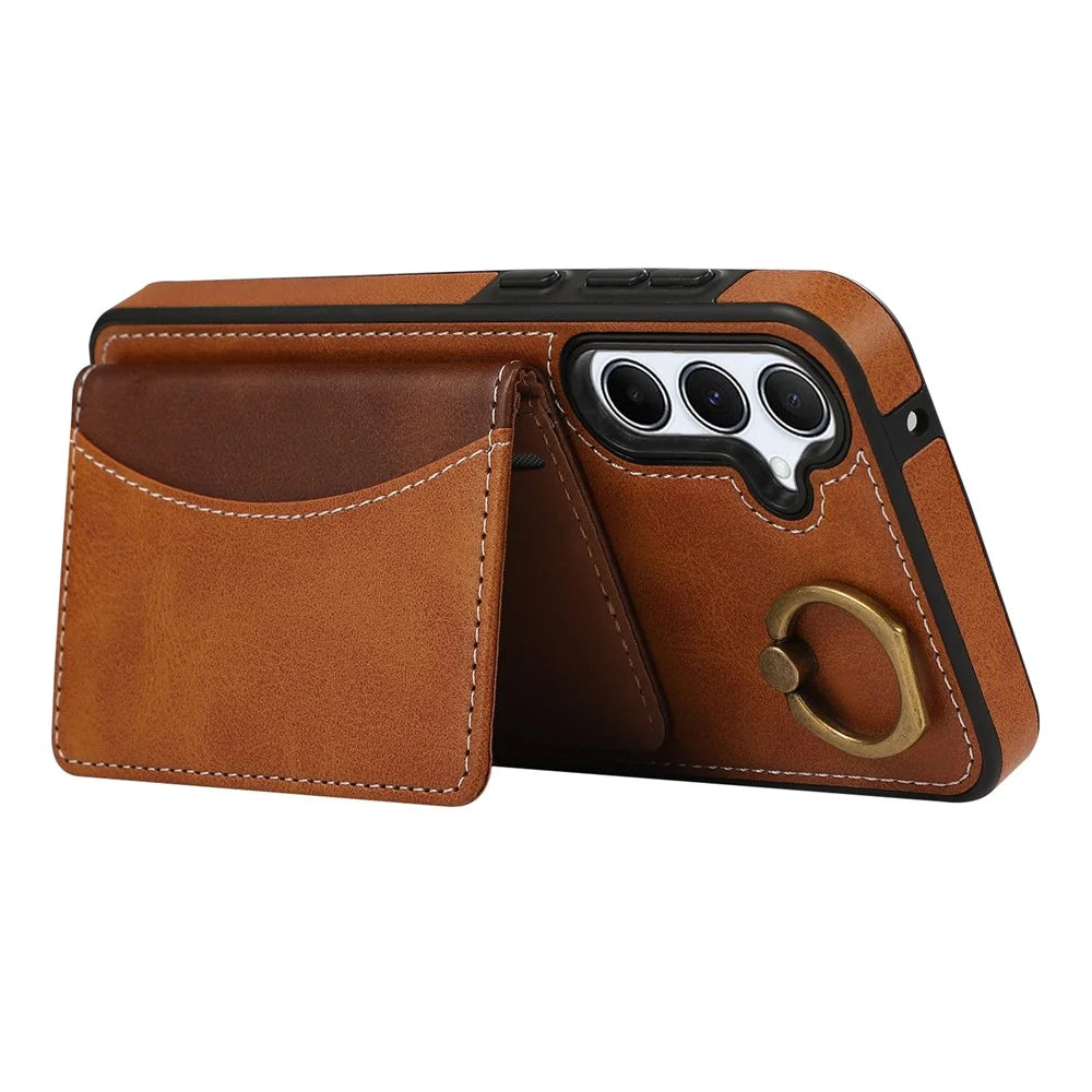 For Samsung Galaxy A54 5G PU Leather Back Case Card Holder Kickstand Phone Cover with Wrist Strap - Brown - 3