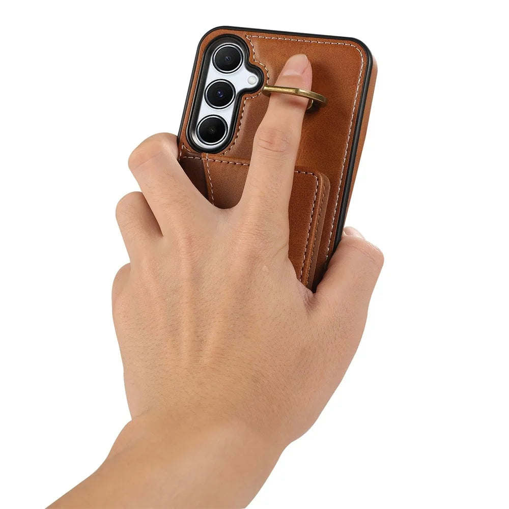 For Samsung Galaxy A54 5G PU Leather Back Case Card Holder Kickstand Phone Cover with Wrist Strap - Brown - 4
