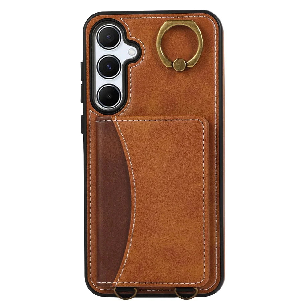 For Samsung Galaxy A54 5G PU Leather Back Case Card Holder Kickstand Phone Cover with Wrist Strap - Brown - 5