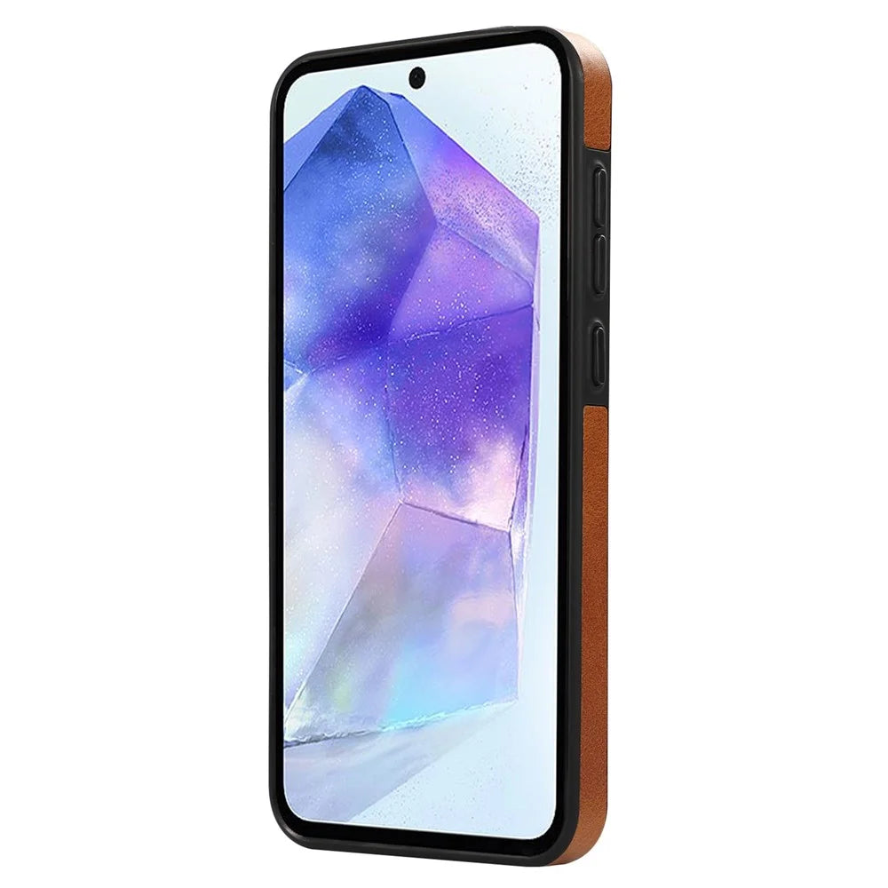 For Samsung Galaxy A54 5G PU Leather Back Case Card Holder Kickstand Phone Cover with Wrist Strap - Brown - 6