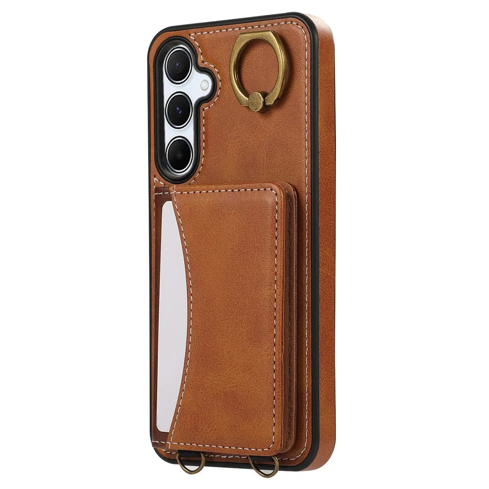 For Samsung Galaxy A54 5G PU Leather Back Case Card Holder Kickstand Phone Cover with Wrist Strap - Brown - 7