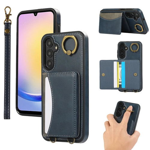 For Samsung Galaxy A25 5G (Global) (161.0 x 76.5 x 8.3mm) PU Leather Back Case Card Holder Kickstand Phone Cover with Wrist Strap - Blue - 1