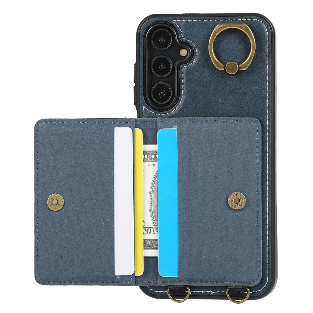 For Samsung Galaxy A25 5G (Global) (161.0 x 76.5 x 8.3mm) PU Leather Back Case Card Holder Kickstand Phone Cover with Wrist Strap - Blue - 2