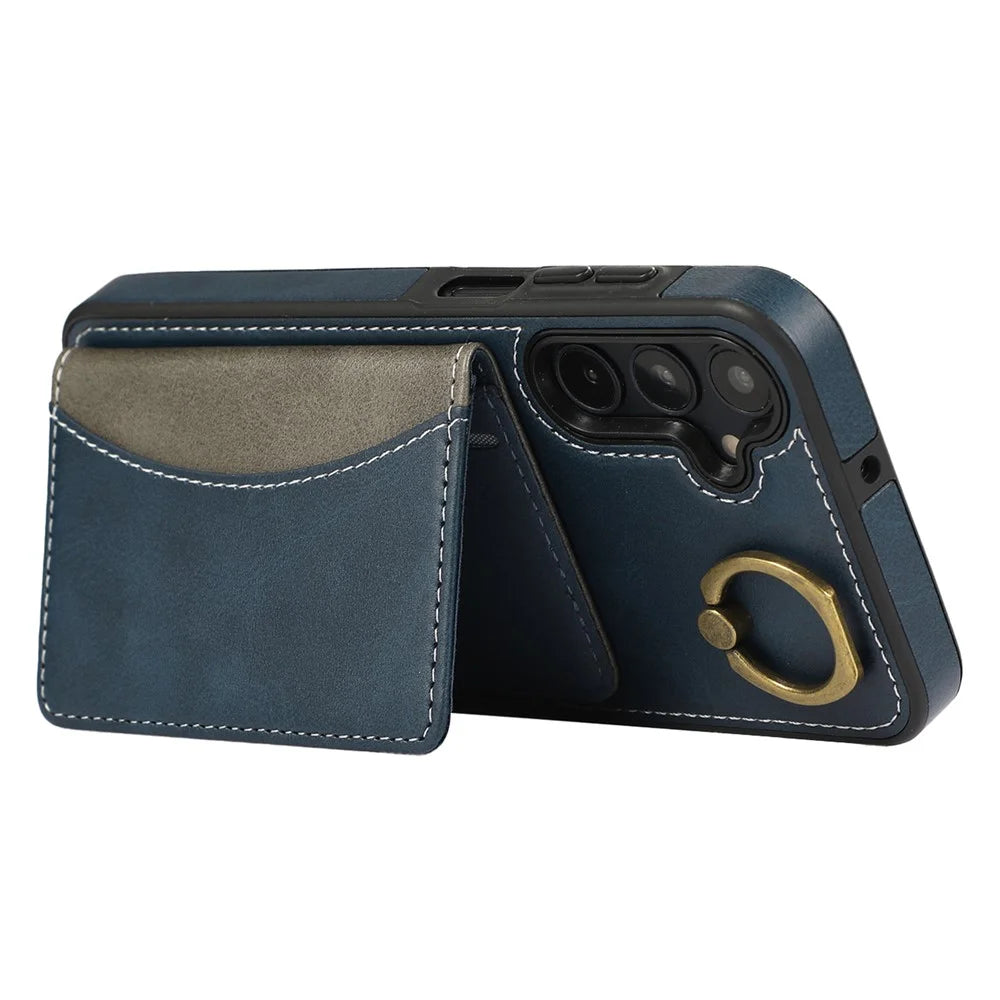 For Samsung Galaxy A25 5G (Global) (161.0 x 76.5 x 8.3mm) PU Leather Back Case Card Holder Kickstand Phone Cover with Wrist Strap - Blue - 3