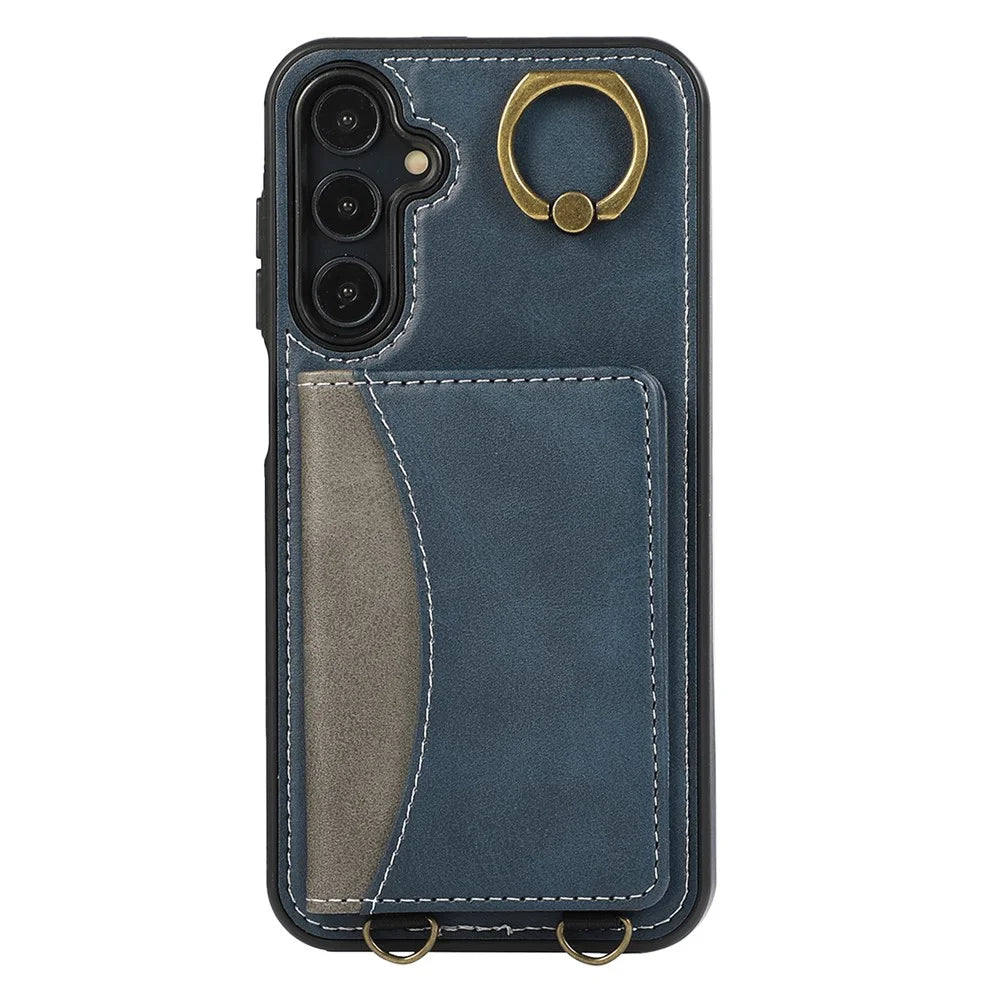 For Samsung Galaxy A25 5G (Global) (161.0 x 76.5 x 8.3mm) PU Leather Back Case Card Holder Kickstand Phone Cover with Wrist Strap - Blue - 5