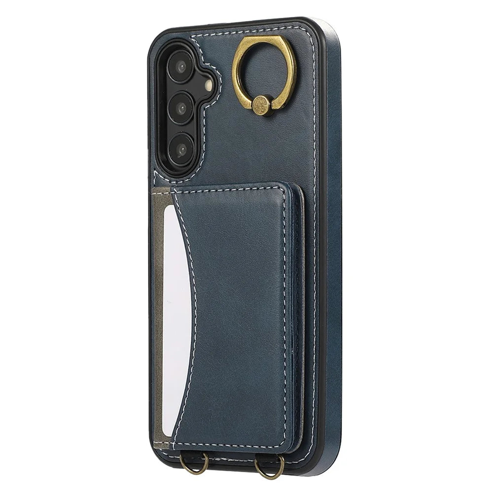 For Samsung Galaxy A25 5G (Global) (161.0 x 76.5 x 8.3mm) PU Leather Back Case Card Holder Kickstand Phone Cover with Wrist Strap - Blue - 7