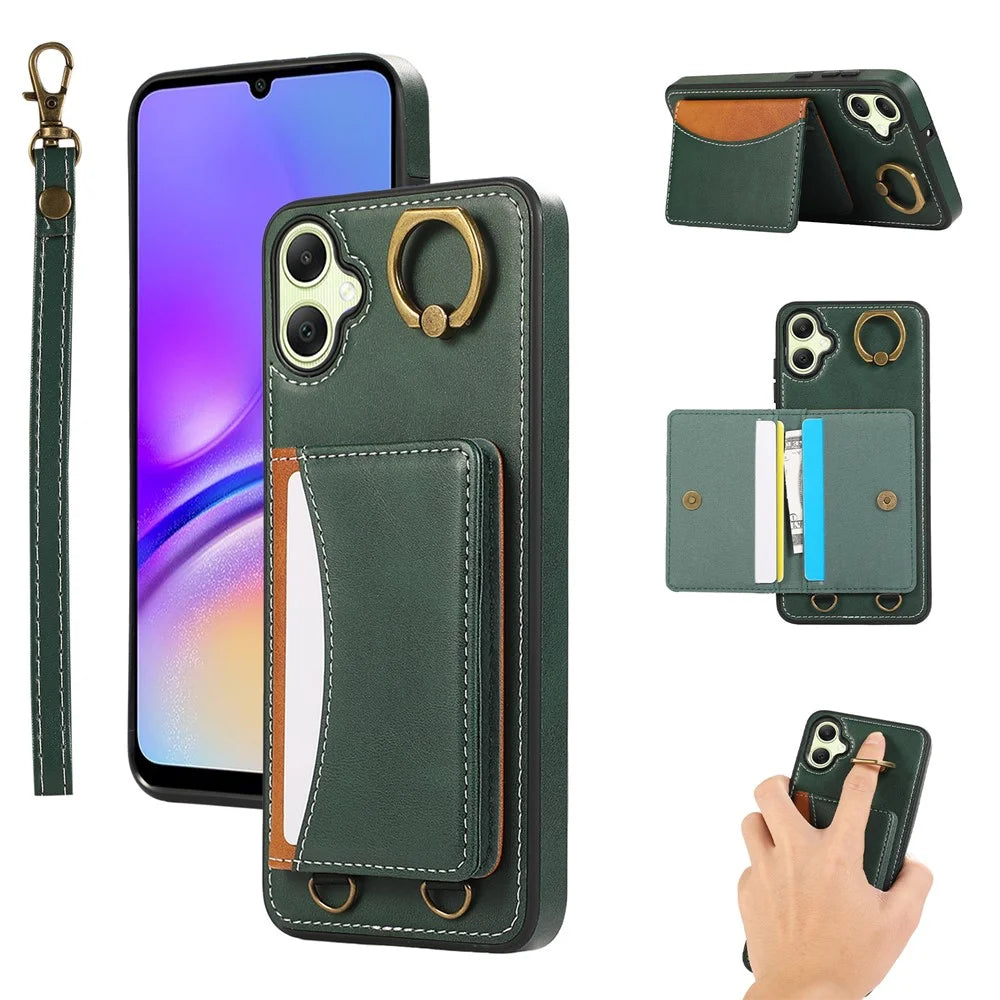 For Samsung Galaxy A05 4G PU Leather Back Case Card Holder Kickstand Phone Cover with Wrist Strap - Green - 1