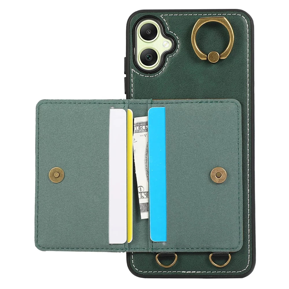 For Samsung Galaxy A05 4G PU Leather Back Case Card Holder Kickstand Phone Cover with Wrist Strap - Green - 2