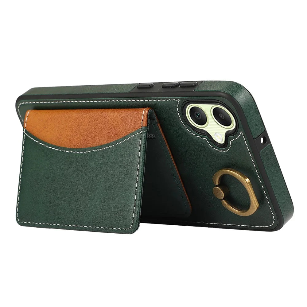For Samsung Galaxy A05 4G PU Leather Back Case Card Holder Kickstand Phone Cover with Wrist Strap - Green - 3