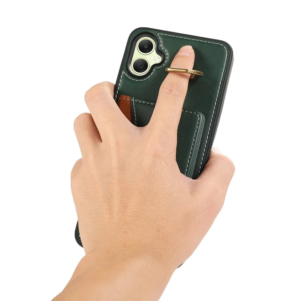 For Samsung Galaxy A05 4G PU Leather Back Case Card Holder Kickstand Phone Cover with Wrist Strap - Green - 4