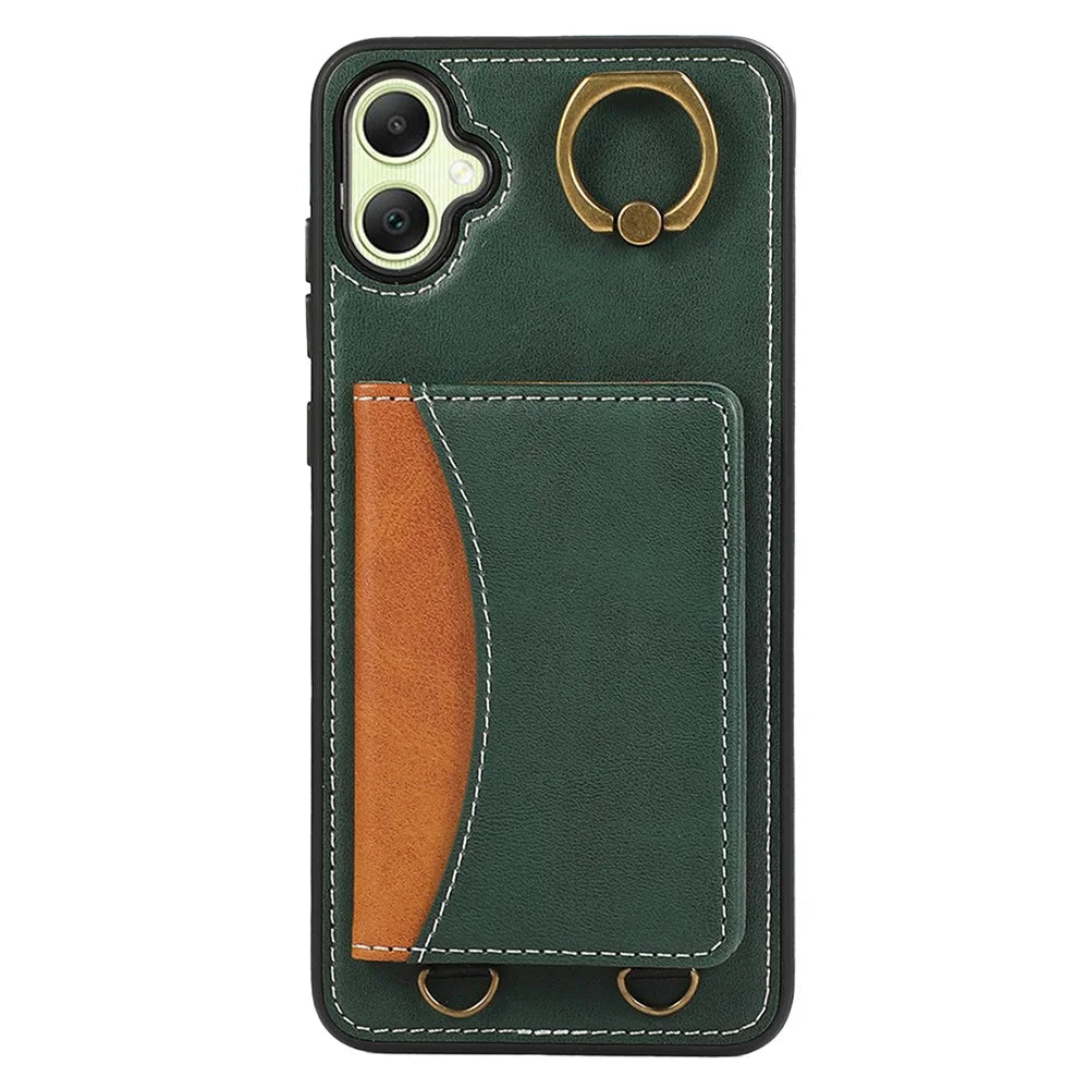 For Samsung Galaxy A05 4G PU Leather Back Case Card Holder Kickstand Phone Cover with Wrist Strap - Green - 5