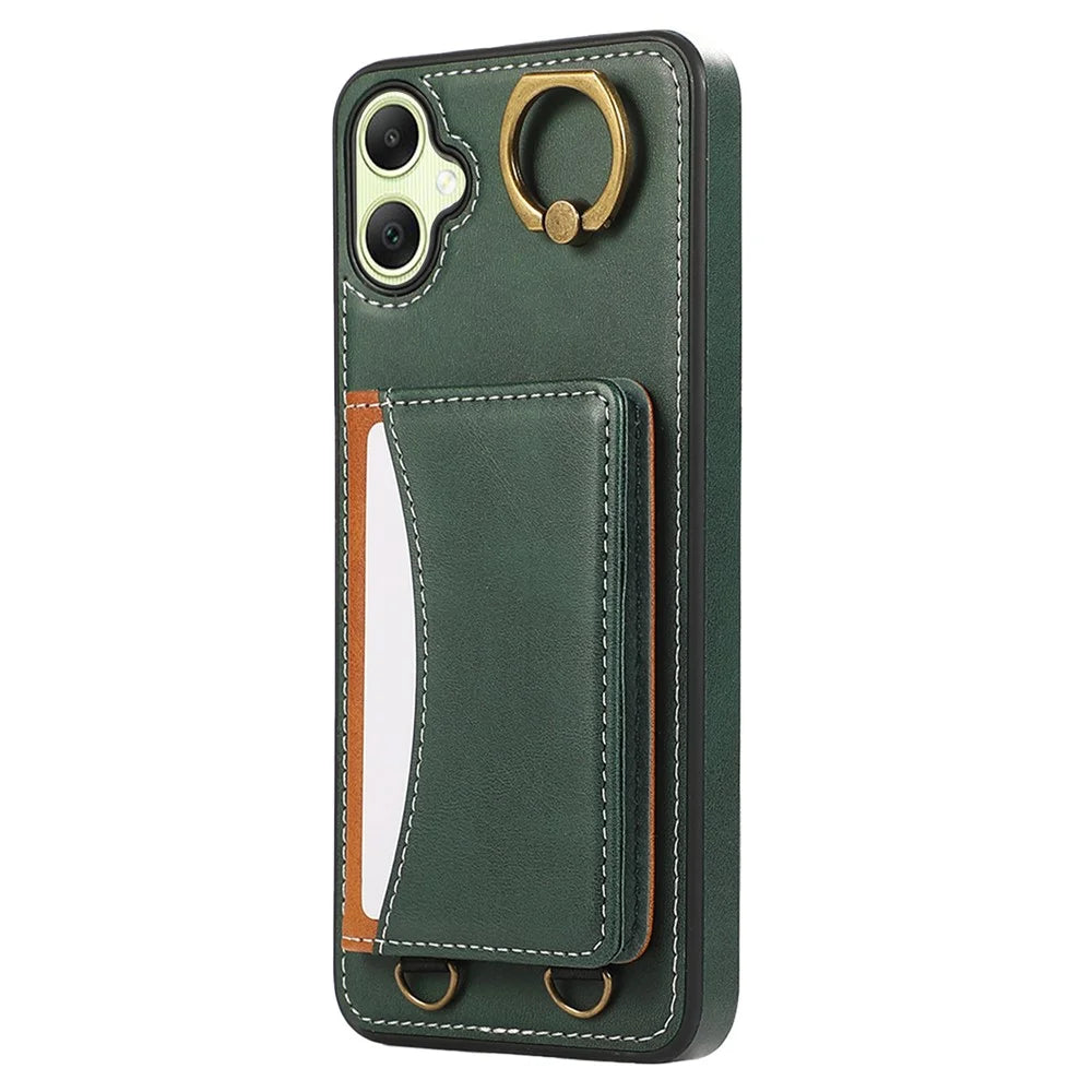 For Samsung Galaxy A05 4G PU Leather Back Case Card Holder Kickstand Phone Cover with Wrist Strap - Green - 6