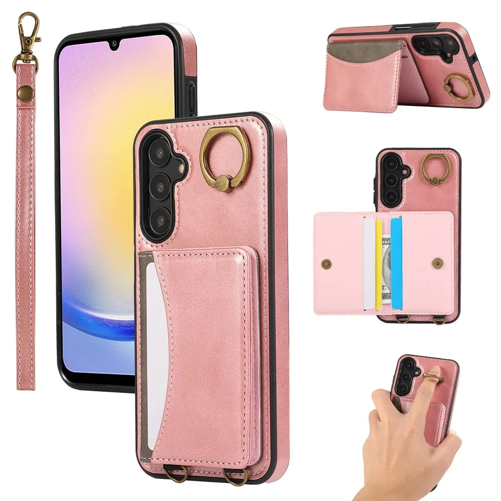 For Samsung Galaxy A14 5G  /  A14 4G PU Leather Back Case Card Holder Kickstand Phone Cover with Wrist Strap - Pink - 1