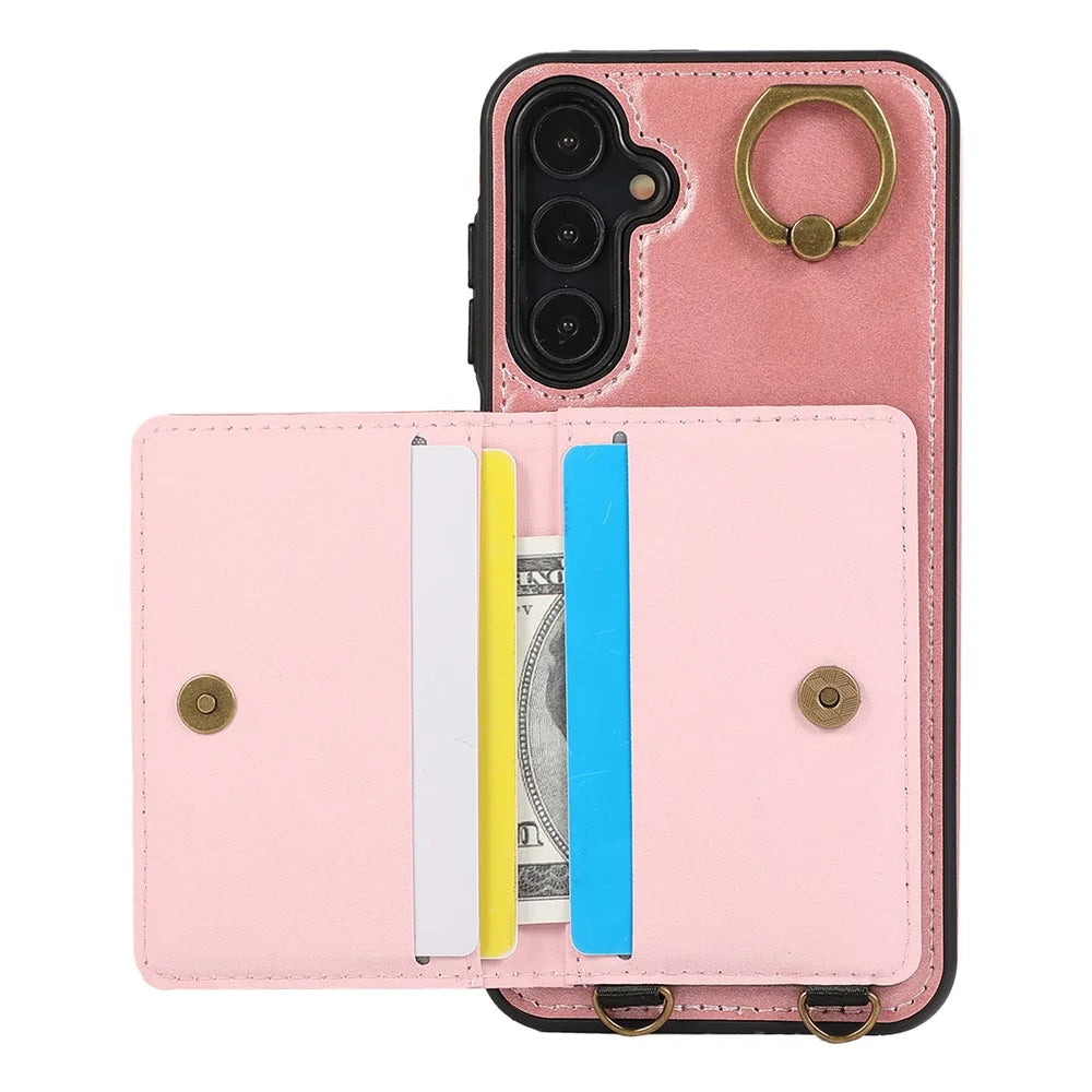 For Samsung Galaxy A14 5G  /  A14 4G PU Leather Back Case Card Holder Kickstand Phone Cover with Wrist Strap - Pink - 2