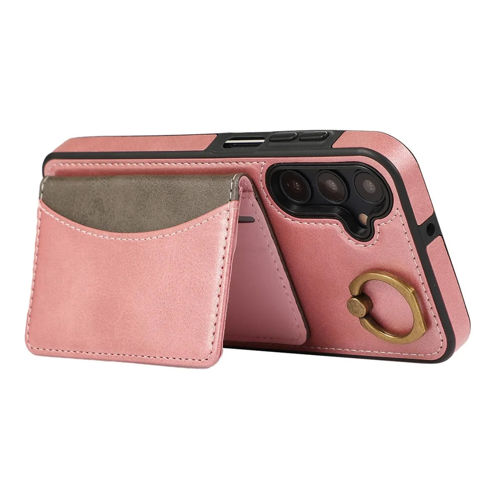 For Samsung Galaxy A14 5G  /  A14 4G PU Leather Back Case Card Holder Kickstand Phone Cover with Wrist Strap - Pink - 3