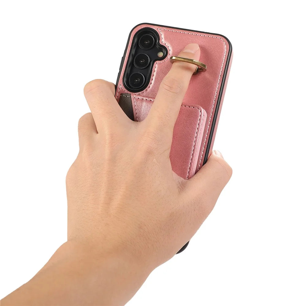 For Samsung Galaxy A14 5G  /  A14 4G PU Leather Back Case Card Holder Kickstand Phone Cover with Wrist Strap - Pink - 4