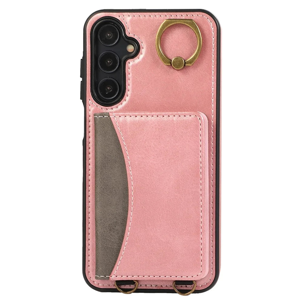 For Samsung Galaxy A14 5G  /  A14 4G PU Leather Back Case Card Holder Kickstand Phone Cover with Wrist Strap - Pink - 5