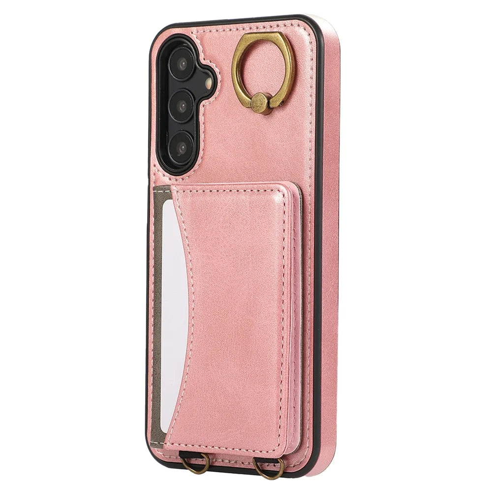 For Samsung Galaxy A14 5G  /  A14 4G PU Leather Back Case Card Holder Kickstand Phone Cover with Wrist Strap - Pink - 7