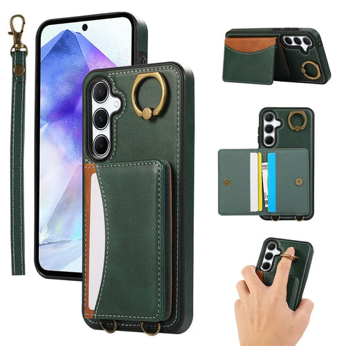For Samsung Galaxy A34 5G PU Leather Back Case Card Holder Kickstand Phone Cover with Wrist Strap - Green - 1