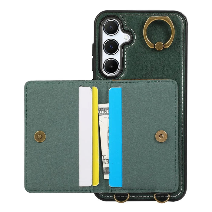 For Samsung Galaxy A34 5G PU Leather Back Case Card Holder Kickstand Phone Cover with Wrist Strap - Green - 2
