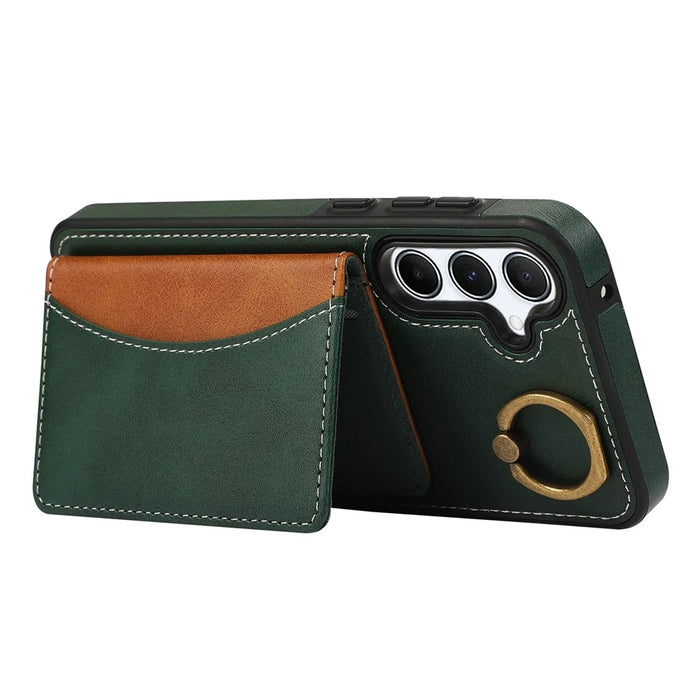 For Samsung Galaxy A34 5G PU Leather Back Case Card Holder Kickstand Phone Cover with Wrist Strap - Green - 3
