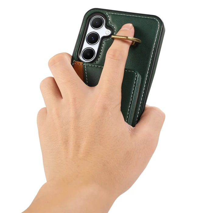 For Samsung Galaxy A34 5G PU Leather Back Case Card Holder Kickstand Phone Cover with Wrist Strap - Green - 4