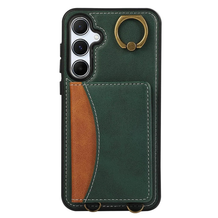 For Samsung Galaxy A34 5G PU Leather Back Case Card Holder Kickstand Phone Cover with Wrist Strap - Green - 5